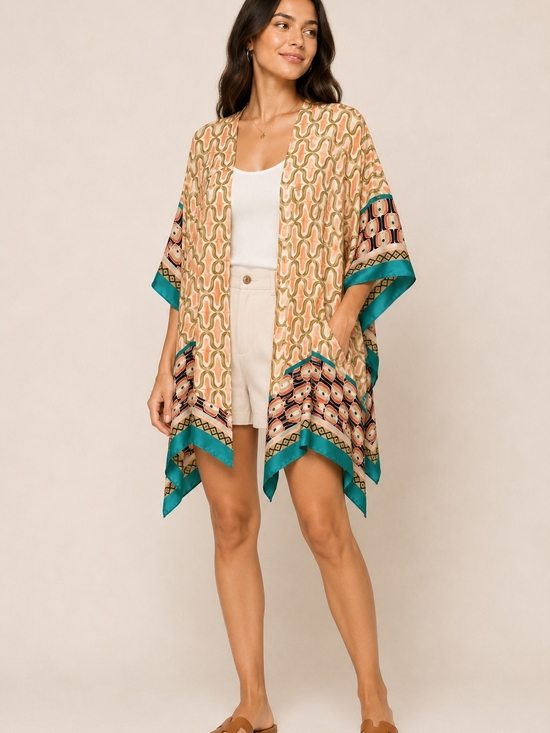 None Other - Boho Patterned Kimono Cover-Up in Teal & Peach - NWT
